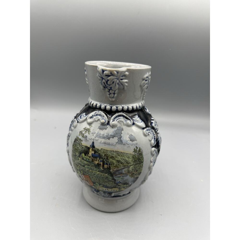 Vintage German Stoneware Creamer Pitcher Grape Motif Blue Gray